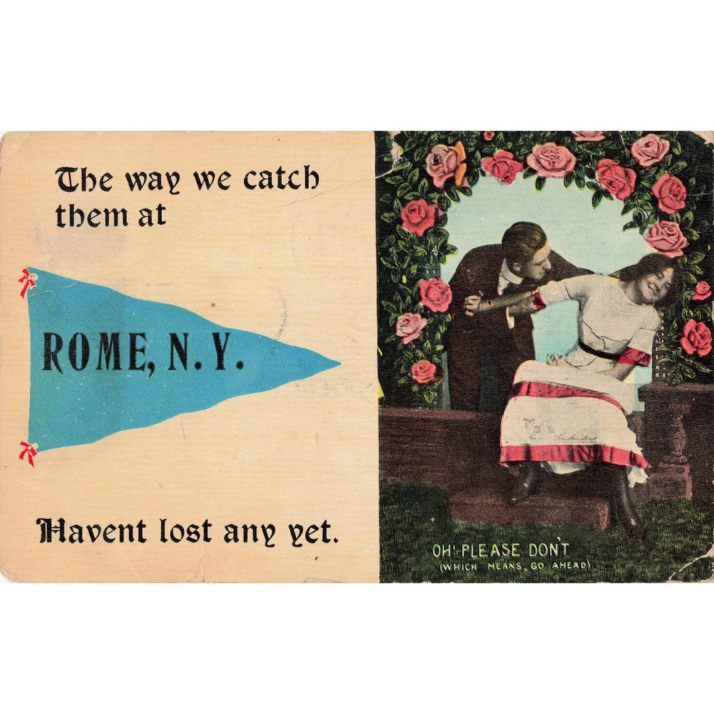 Vintage 1913 Rome NY Pennant Postcard Oh Please Don't Romantic Humor VG- - Picture 1 of 2